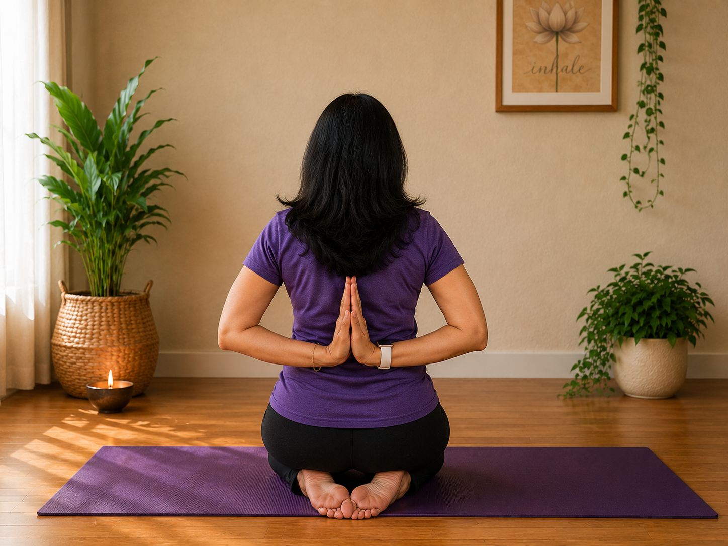 Anu in reverse prayer yoga pose